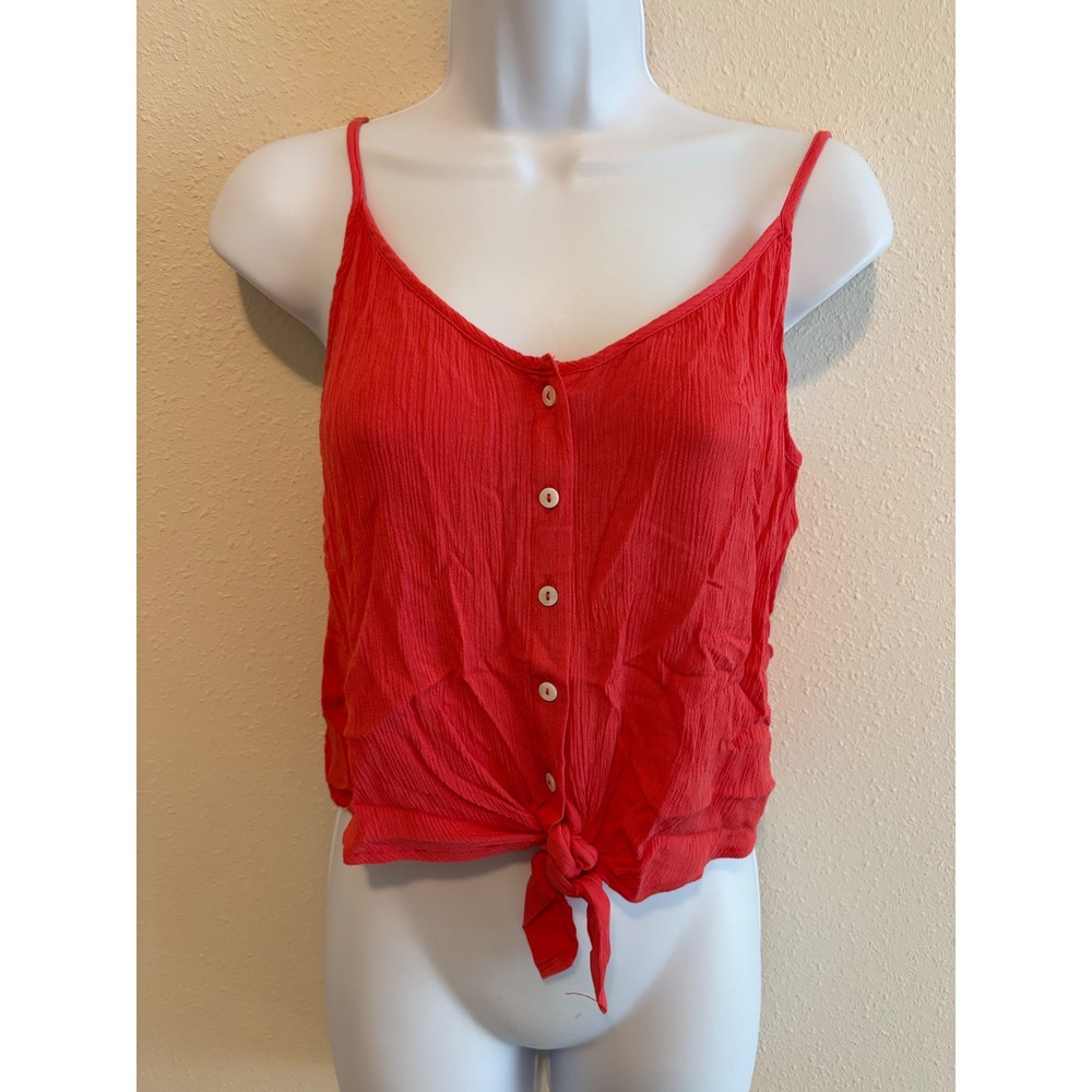 Forever 21 Camisole Top Womens Large Red Tie Front Button Down Crinkle Boho